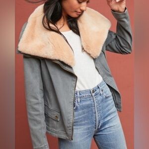 Anthropologie Marrakech Green Removable Fur Collar Jacket Sz XS